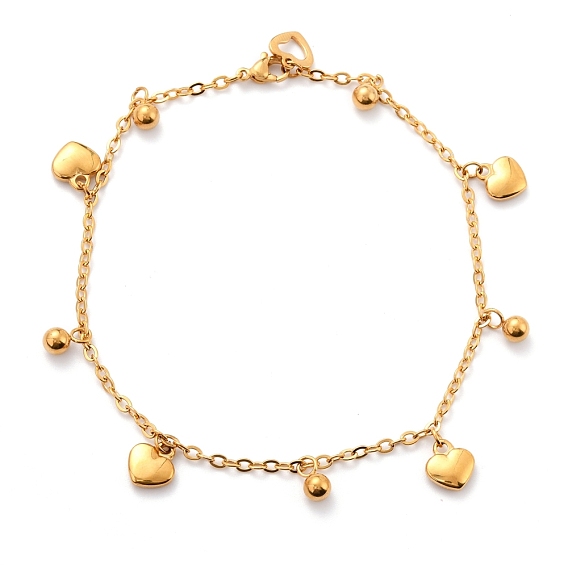 304 Stainless Steel Charm Anklets, with Cable Chains, Heart & Round