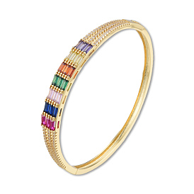Colorful Cubic Zirconia Rectangle Hinged Bangle, Brass Jewelry for Women, Nickel Free