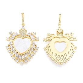 Brass Micro Pave Clear Cubic Zirconia Big Pendants, with Shell, Nickel Free, Real 18K Gold Plated, Tortoise with Heart & Saint