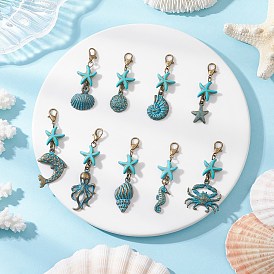 9 шт 9 стили океан тема сплав подвеска украшения, с бусинами из окрашенной синтетической бирюзы и поворотными карабинами из сплава, разнообразные