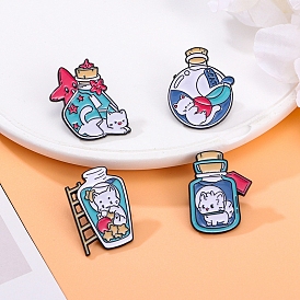 Cartoon White Cat in the Drifting Bottle Brooch, Cute Kitty Black Alloy Enamel Pins, Cartoon Animal Badge for Clothes Backpack