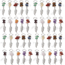 40Pcs 10 Styles Chip Natural Gemstone Big Pendants, with Alloy Feather