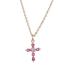 Латунный стеклянный крестик 304 ожерелья из нержавеющей стали с цепочкой для женщин, ярко-розовый
