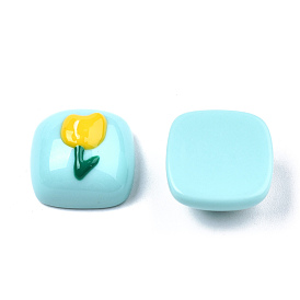 Opaque Resin Enamel Cabochons, Square with Gold Flower