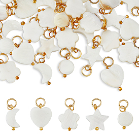 40шт 5 стили подвески из натуральных пресноводных раковин, с прыгающим кольцом золотистого цвета, луна и звезда и сердце, разнообразные