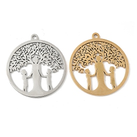 304 подвески из нержавеющей стали, плоский круг с деревом жизни и человеческим очарованием, лазерная резка, ионное покрытие (ip)