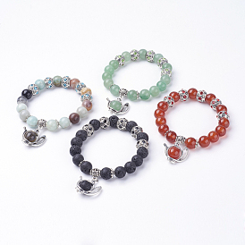 Natural Gemstone Charm Bracelets, with Alloy Rhinestone Rondelle Large Hole European Beads and Tibetan Style Kettle Beads, Antique Silver