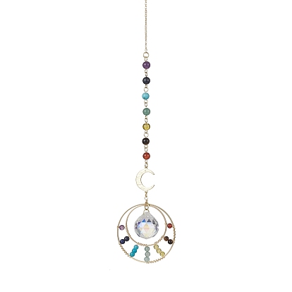 7 Chakra Natural & Synthetic Mixed Stone Beads Pendant Decorations, Glass Teardrop and Brass Ring Hanging Decorations