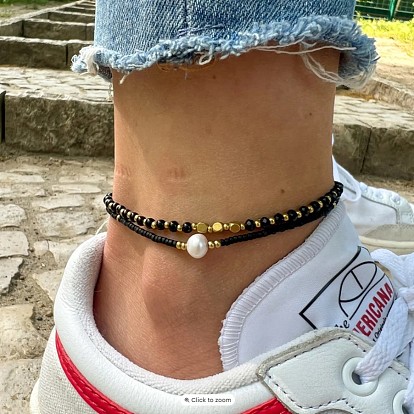 Браслеты на ногу в богемном стиле с пластиковым жемчугом, кубическими латунными бусинами и стеклянными бусинами, золотые