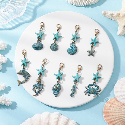9 шт 9 стили океан тема сплав подвеска украшения, с бусинами из окрашенной синтетической бирюзы и поворотными карабинами из сплава, разнообразные
