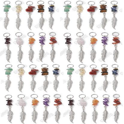 40Pcs 10 Styles Chip Natural Gemstone Big Pendants, with Alloy Feather