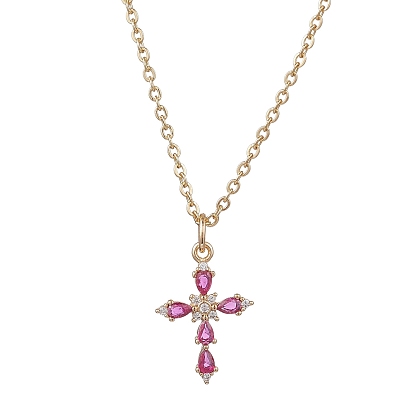 Латунный стеклянный крестик 304 ожерелья из нержавеющей стали с цепочкой для женщин, ярко-розовый