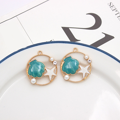 Подвески из эмали и сплава, с пластиковой имитацией жемчуга и стразами, плоская круглая с подвеской из ракушек и морских звезд