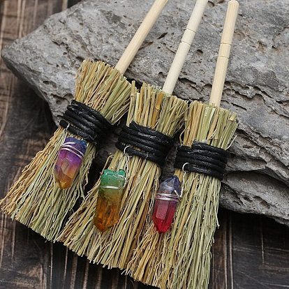 Mini Witch Wiccan Altar Broom with Dyed Natural Crystal  Wand, Halloween Healing Wiccan Ritual Decor