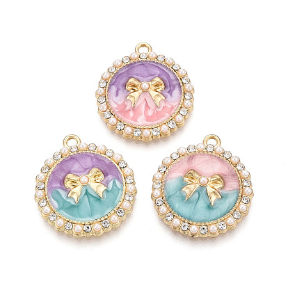 Подвески из эмали, АБС-пластика и искусственного жемчуга с гальваническим покрытием., плоские круглые подвески и подвески в виде бантиков, золотые, без кадмия, без никеля и без свинца