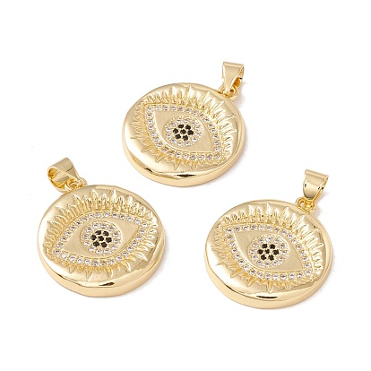 Brass Micro Pave Clear & Black Cubic Zirconia Pendants, Cadmium Free & Lead Free, Flat Round with Eye