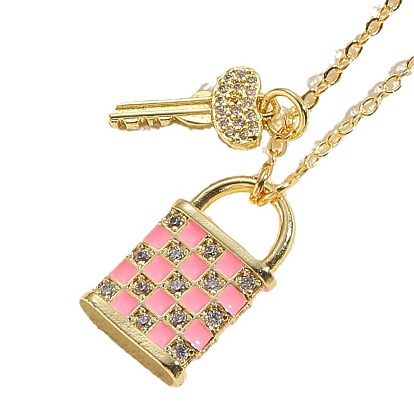 Real 14K Gold Plated Brass Cubic Zircon Pendant Necklace, Valentine's Day Theme Enamel Lock & Key Jewelry for Women