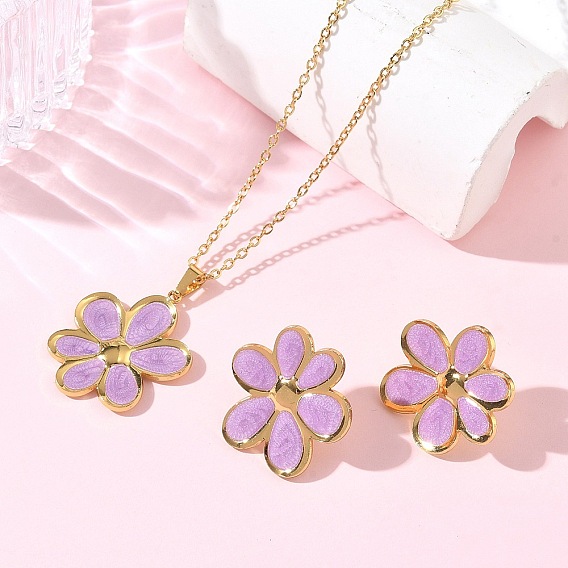 304 Stainless Steel Enamel Flower Stud Earrings & Pendant Necklaces Sets for Women, Golden
