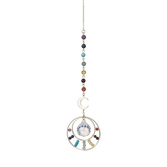 7 Chakra Natural & Synthetic Mixed Stone Beads Pendant Decorations, Glass Teardrop and Brass Ring Hanging Decorations