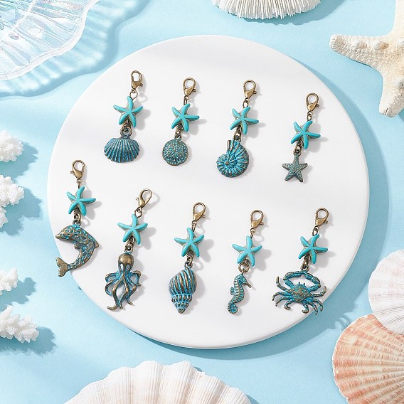 9 шт 9 стили океан тема сплав подвеска украшения, с бусинами из окрашенной синтетической бирюзы и поворотными карабинами из сплава, разнообразные