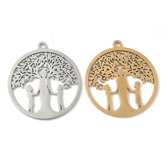 304 подвески из нержавеющей стали, плоский круг с деревом жизни и человеческим очарованием, лазерная резка, ионное покрытие (ip)
