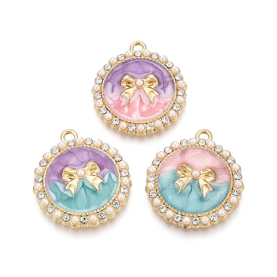 Подвески из эмали, АБС-пластика и искусственного жемчуга с гальваническим покрытием., плоские круглые подвески и подвески в виде бантиков, золотые, без кадмия, без никеля и без свинца
