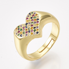 Adjustable Brass Micro Pave Cubic Zirconia Finger Rings, Heart