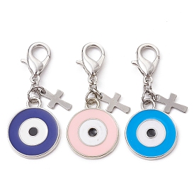Alloy Enamel Pendant Decoration, with Alloy Clasp, Flat Round with Evil Eyes