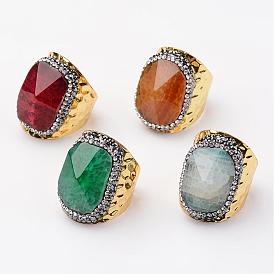 Brass Natural Agate Cuff Finger Rings, with Polymer Clay Rhinestone, Size 9, Golden