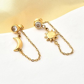 Луна и солнце 304 серьги-гвоздики с кисточками из нержавеющей стали с микропаве из прозрачных кубических цирконий, с подвеской-цепочкой, слева и справа