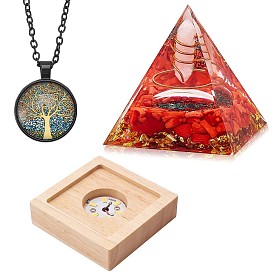 Resin Orgonite Pyramid Ornaments, Rose Quartz Blessing Pyramid Stone, with Tree of Life Necklace & LED Lamp Holder, for Home Office Decoration Gift Collection