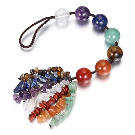 Perles de pierres précieuses grandes décorations de pendentif, avec pompon de perles de puces de pierres précieuses sur le thème du chakra