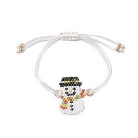 Brass & Seed Beads Snowman Link Adjustable Bracelets, Christmas Nylon Braided Cord Bracelets