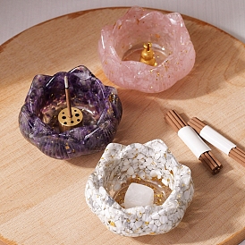 Lotus Resin & Alloy Incense Burners Sets, Natural Gemstone Chips inside Incense Holders, Home Office Teahouse Zen Buddhist Supplies