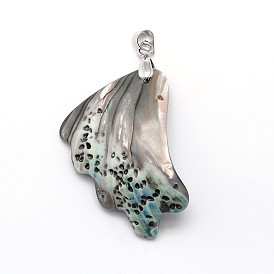 Brass Paua Shell Pendants, Undyed, 30~38x20~34x4mm, Hole: 4mm