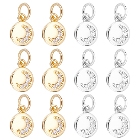 12Pcs 2 Colors Eco-Friendly Brass Micro Pave Cubic Zirconia Charms, with Jump Ring, Long-Lasting Plated, Flat Round with Moon