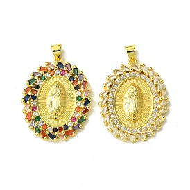 Real 18K Gold Plated Brass Micro Pave Cubic Zirconia Pendants, Oval with Virgin