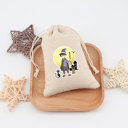 Rectangle Jute Packing Pouches, Halloween Printed Drawstring Bags
