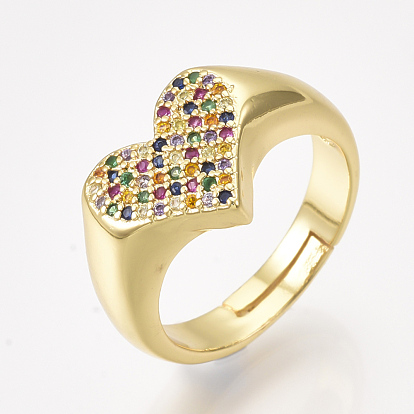 Adjustable Brass Micro Pave Cubic Zirconia Finger Rings, Heart
