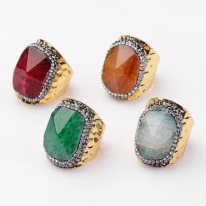 Brass Natural Agate Cuff Finger Rings, with Polymer Clay Rhinestone, Size 9, Golden