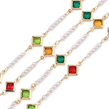 Латунные цепочки с квадратными звеньями, со стеклом и жемчужиной из АБС-пластика, долговечный, стойки покрытие, без свинца и без кадмия, несварные, ручной работы из бисера цепи