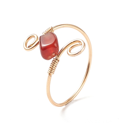 Natural Red Agate Braided Finger Ring, Light Gold Plated Copper Wire Wrap Jewelry for Women