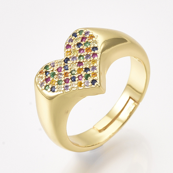 Adjustable Brass Micro Pave Cubic Zirconia Finger Rings, Heart