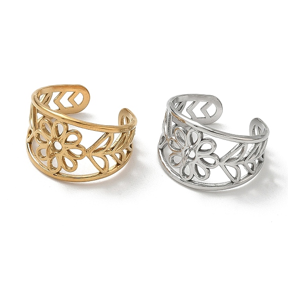 304 Stainless Steel Cuff Open Ring Setting, with Loop, Hollow Flower & Leaf, Ion Plating(IP)
