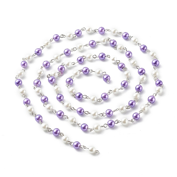 Glass Pearl Round Beads Chains for Necklaces Bracelets Making, with Platinum Iron Eye Pin, Unwelded, 39.3 inch