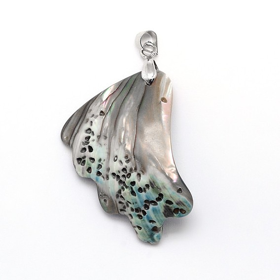 Brass Paua Shell Pendants, Undyed, 30~38x20~34x4mm, Hole: 4mm