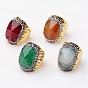 Brass Natural Agate Cuff Finger Rings, with Polymer Clay Rhinestone, Size 9, Golden