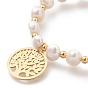 304 Stainless Steel Stretch Charm Bracelets, with Shell Pearl Nuggets Beads, Flat Round with Tree of Life, Seashell Color
