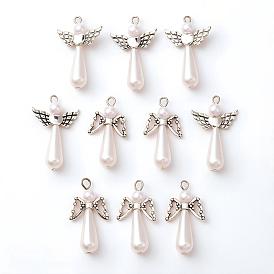 Perle d'imitation acrylique avec pendentifs en alliage, avec teinte inox 304 boucles inox, charme d'ange