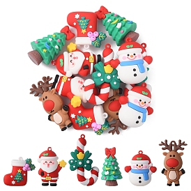 12 pcs 6 styles gros pendentifs en plastique pvc, le thème de Noël, Chaussette de Noël et canne en bonbon et bonhomme de neige et arbre et wapiti et père